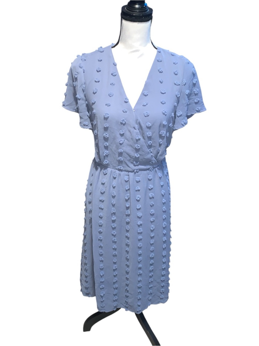 Polagram Light Blue Textured Dot Pom Pom Wrap Dress Midi Short Sleeve